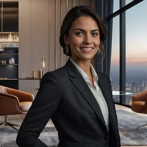 Mujer ejecutiva sonriendo en una oficina moderna, representando a la profesional que prioriza su cuidado facial con productos naturales.