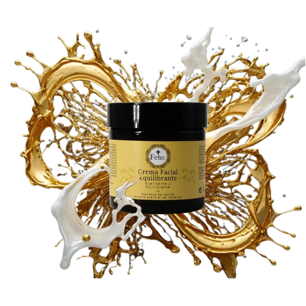 Tarro de la Crema Facial Equilibrante Febs en el centro de una explosión artística de crema blanca y oro, representando sus ingredientes de manteca de karité y aceite de naranja.