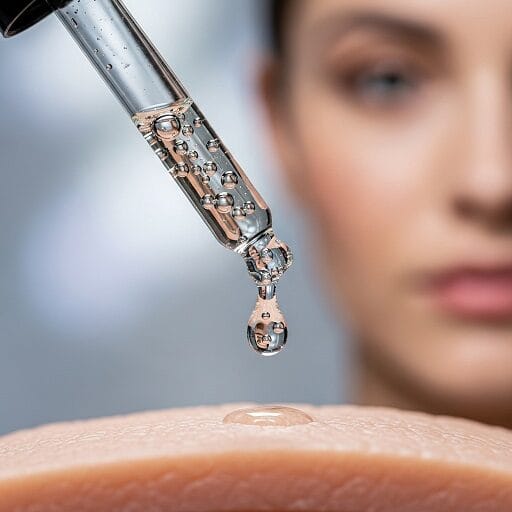 Aplicación de un sérum facial con ácido hialurónico mediante una pipeta para una hidratación profunda.
