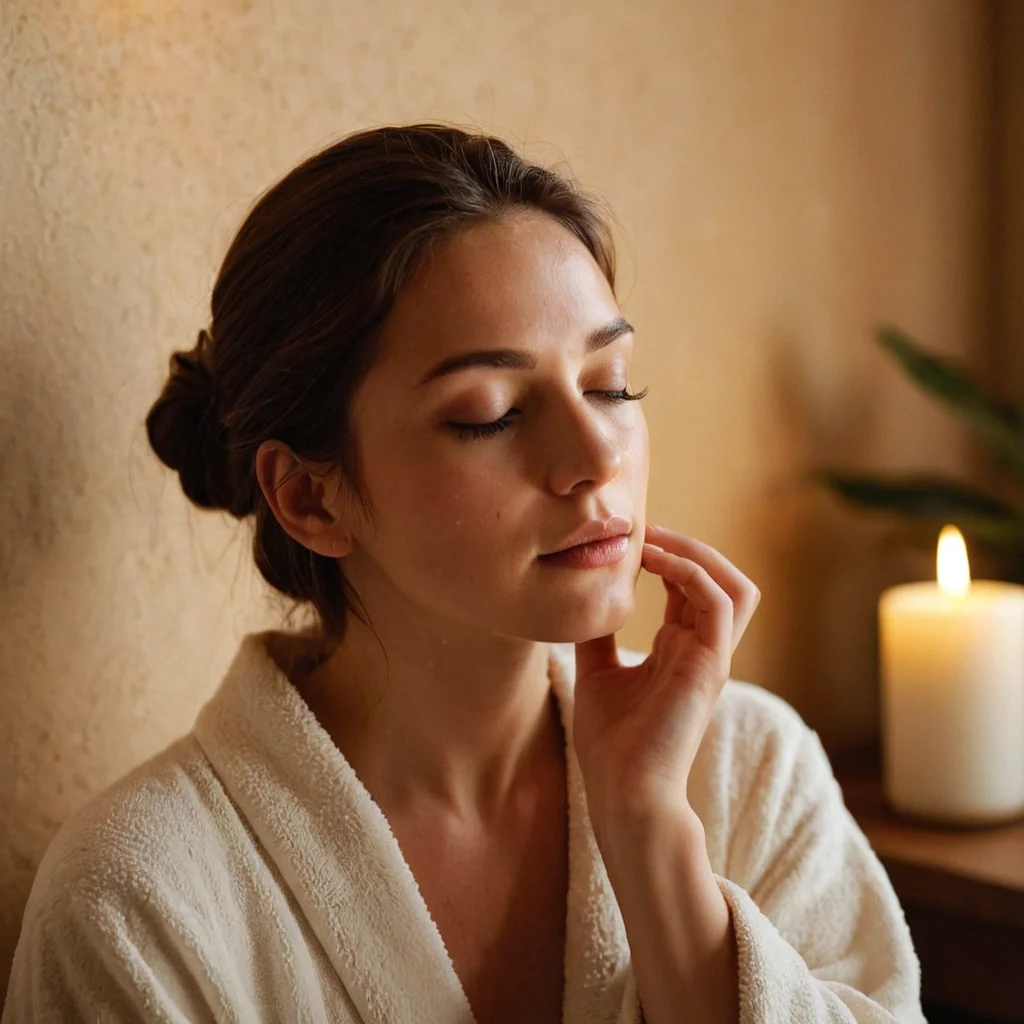 Mujer en albornoz con los ojos cerrados, disfrutando de un momento de calma junto a una vela durante su ritual de cuidado facial.