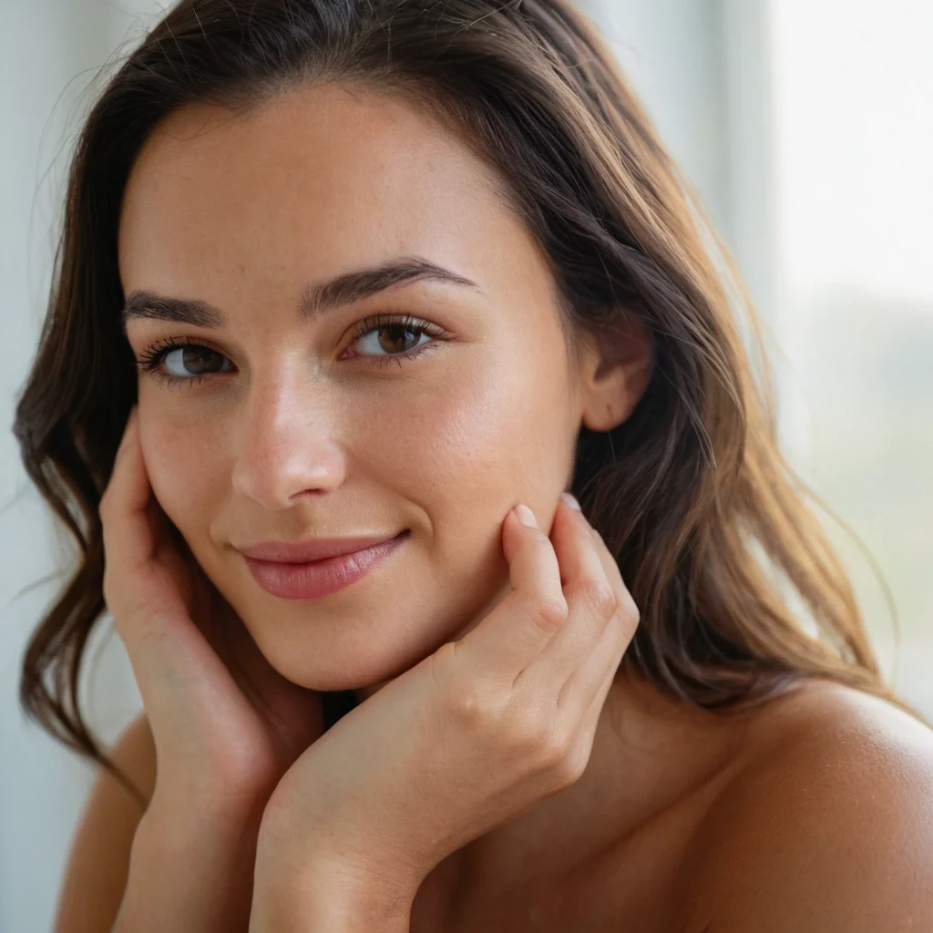 Primer plano del rostro de una mujer que realiza un suave gesto tensor ascendente en su mejilla, representando el efecto lifting inmediato del activo Tens'Up.